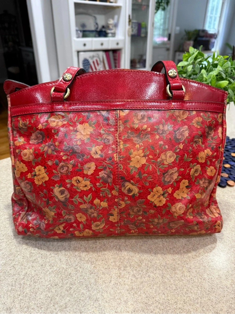 Patricia Nash Red Floral Leather Tassel Shoulder Bag